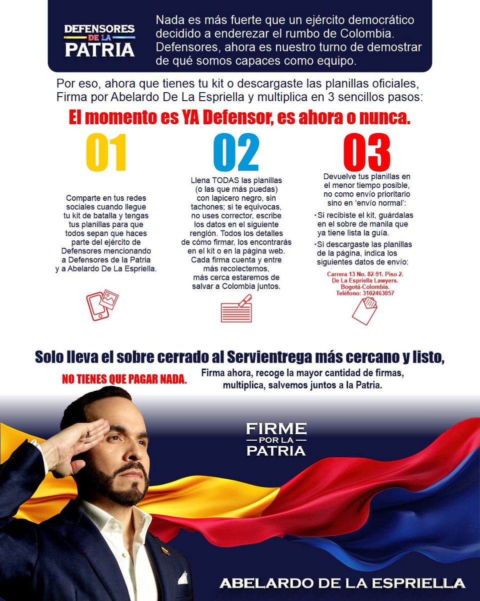 🚨 ¡Atención Patriotas! 🚨 Si ya tienes tu kit y/o descargaste las planillas, debes seguir los siguientes pasos.

Salvar a Colombia de la tiranía está en nuestras manos, ¡Firme por la Patria! 🇨🇴🫡