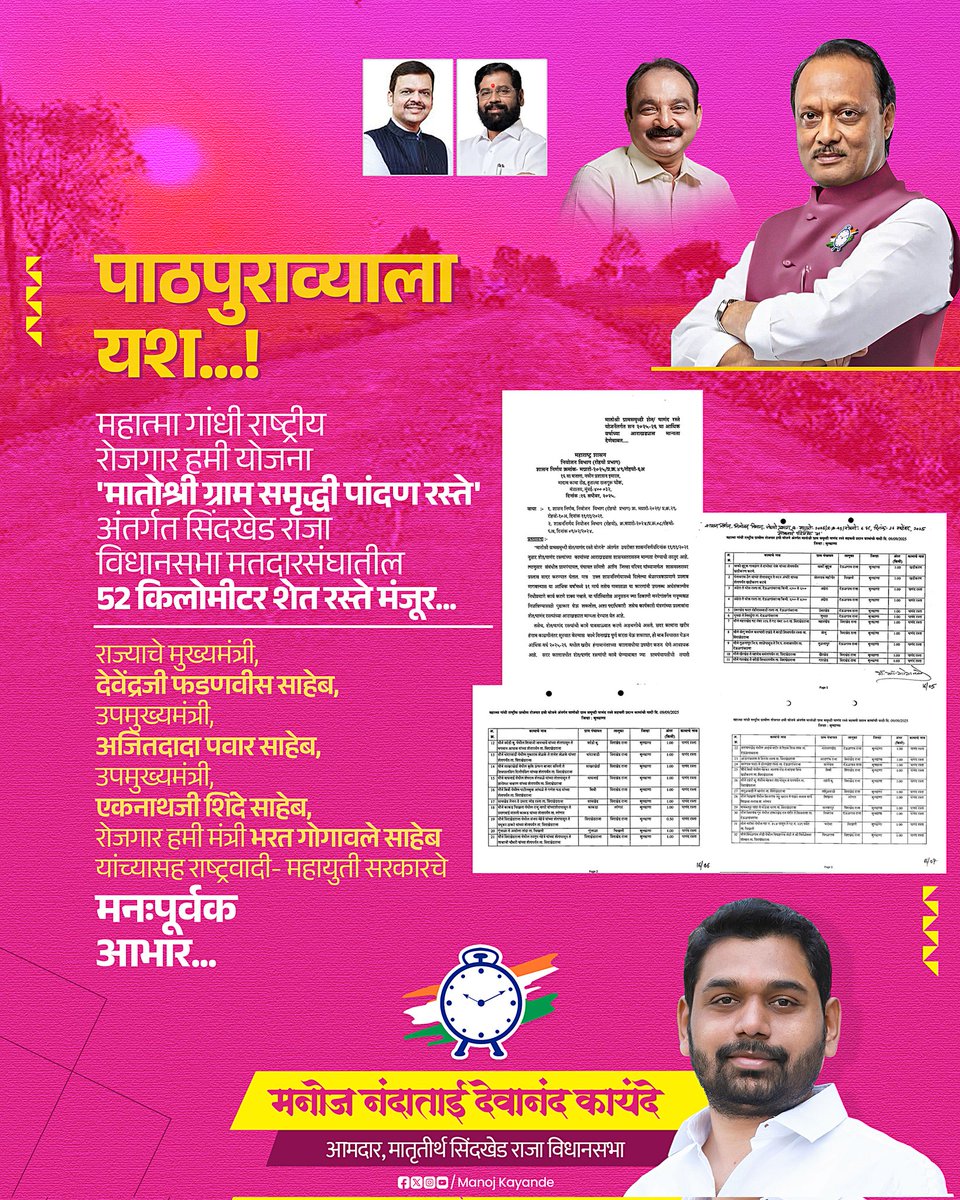 महात्मा गांधी राष्ट्रीय रोजगार हमी योजनेअंतर्गत सिंदखेड राजा विधानसभा मतदारसंघात एकूण ५२ किलोमीटरचे पांदण रस्ते मंजूर..

#शेतकरीसमृद्धी #ग्रामविकास #पांदणरस्ते #development
#sindkhedraja #deulgaonraja #lonar #chikhli #manojkayande