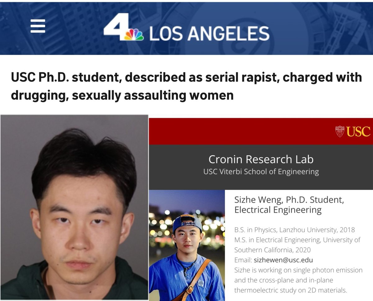 Byron_Wan's tweet image. The Los Angeles County District Attorney’s Office has charged 30-year-old 🇨🇳 Sizhe Weng (翁偲喆), aka Steven Weng, with drugging and raping multiple women between 2021 and 2024 while enrolled as a doctoral student at the University of Southern California.
Weng is charged with…
