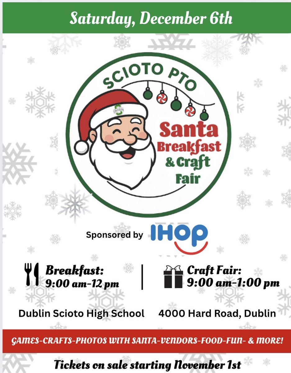 The Scioto Santa Breakfast &amp; Craft Fair is coming up on Saturday, December 6th from 9-1 pm!  Mark your calendar for this fun holiday event that is great for all ages!  
Tickets go on sale November 1st!

#irishnation☘️