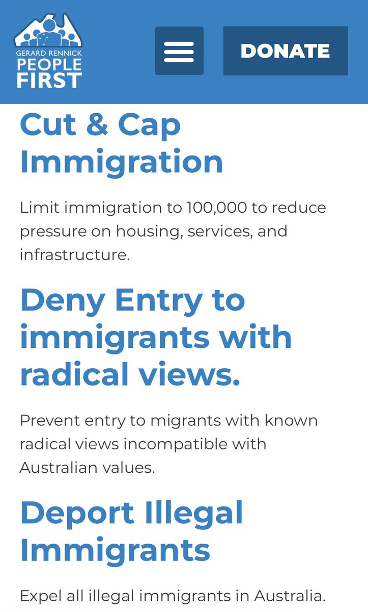 jamelingus's tweet photo. @rationalaussie From #PeopleFirstParty website.
This attack on Rennick feels disingenuous and non organic…
So he rightfully seeks to drastically cut immigration - yet you say otherwise 🤔 https://t.co/HiYjJqIntg