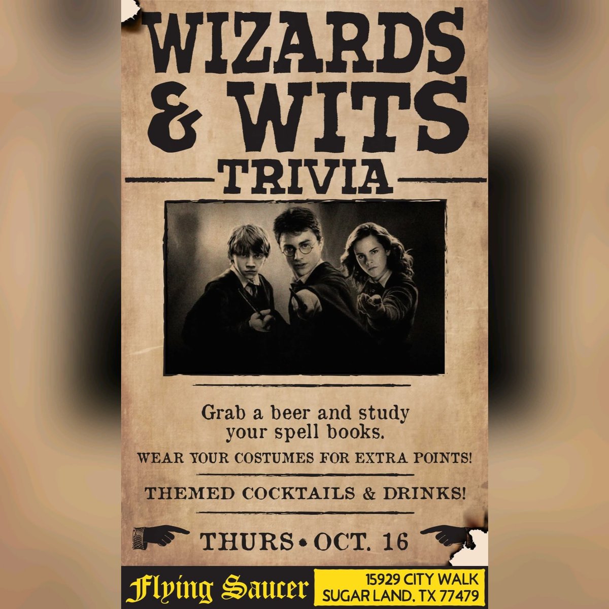 🪄 Wizards &amp; Wits Trivia! 🧠 

Thursday 10/16 at 7pm 

Win $50, and HP prizes!

Tap Night were pouring <a href="/BurlingtonBeer/">Burlington Beer Company</a> Hex Like A Crow!

Don't forget to try our Butter Beer Cocktail &amp; Polyjuice Potion!

Dress up for team bonus points!