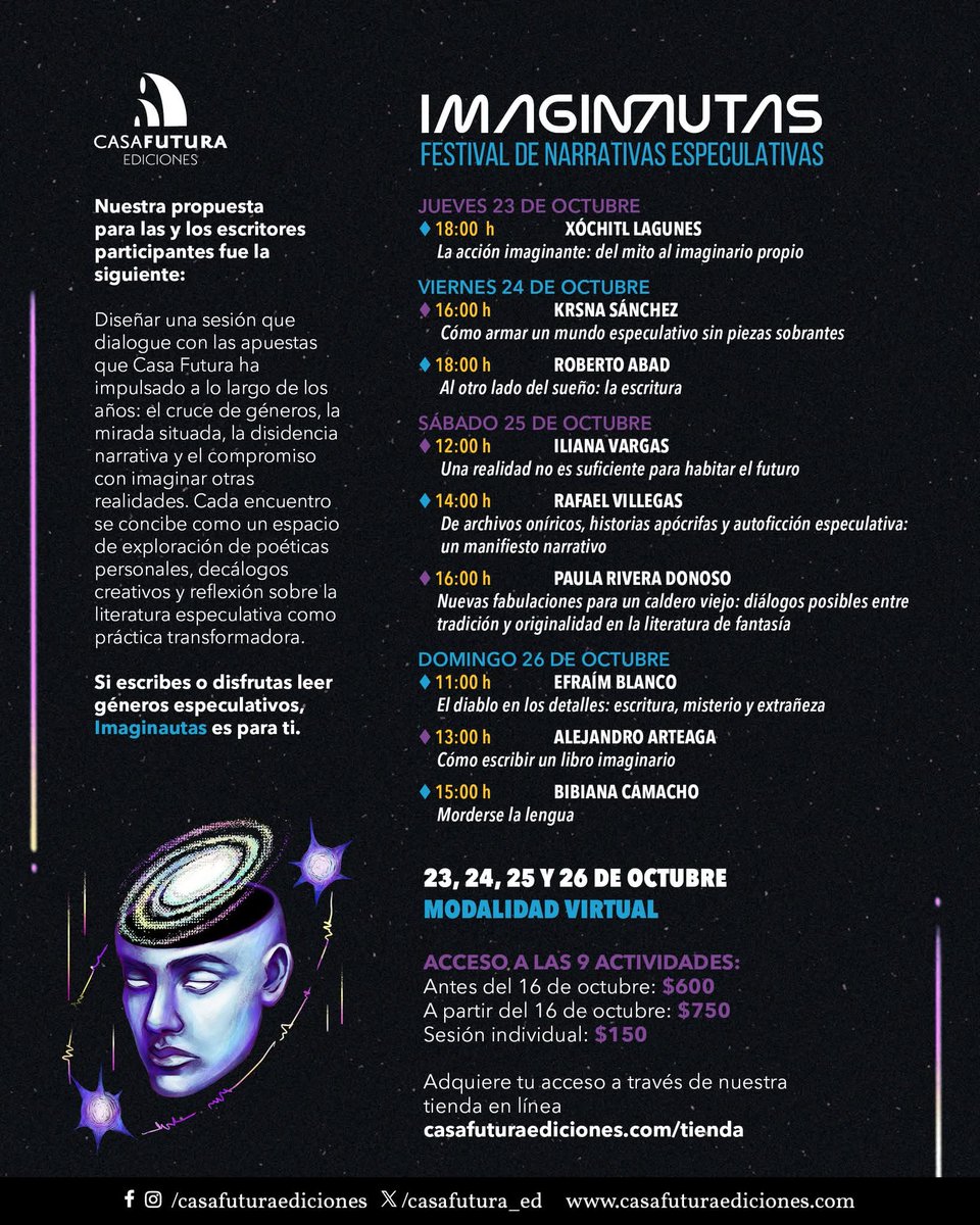 ¡Aprovecha el precio especial a todas las sesiones de Imaginautas! Aún hay tiempo. 😉📝 Toda la información e inscripciones disponibles en:

casafuturaediciones.com/imaginautas