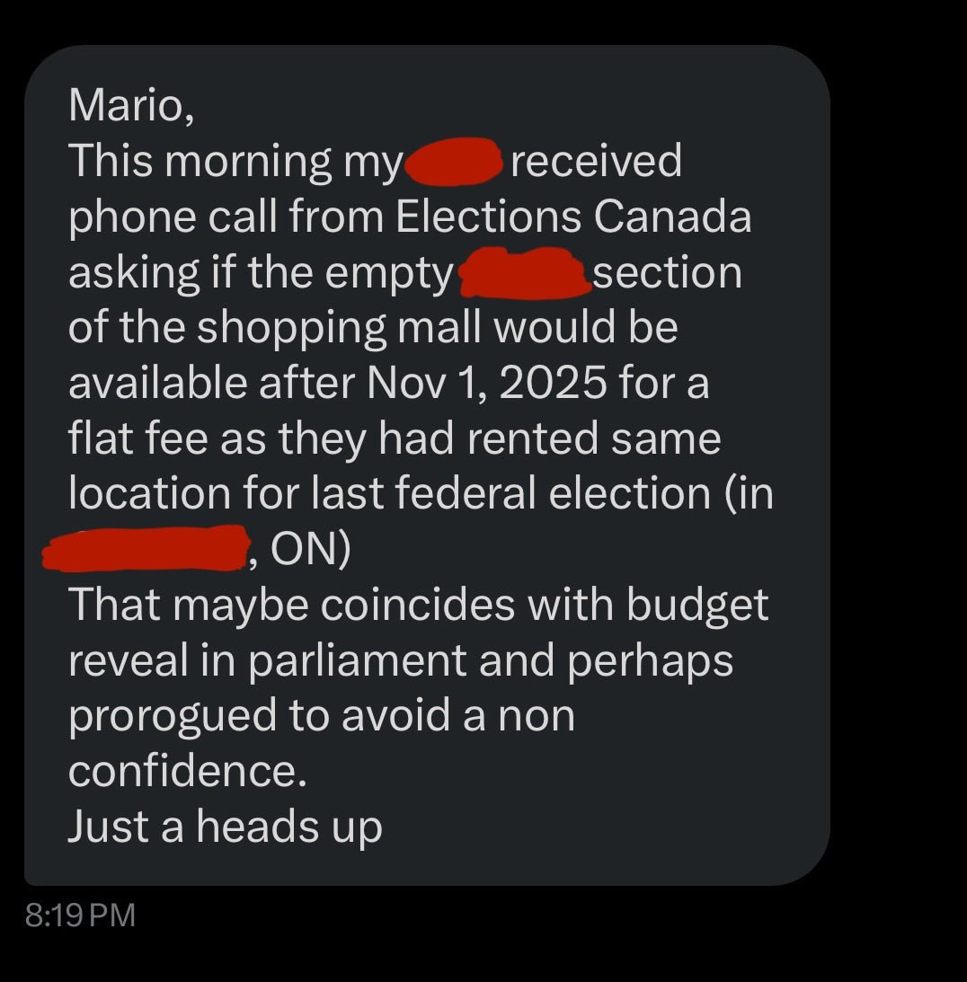 mario4thenorth's tweet image. BREAKING
Elections Canada calling around to see if space is available for an election after Nov 1st, 2025.
The next election might be sooner than we expect.
Considering Carney lied to Canadians and failed, I would hope so.