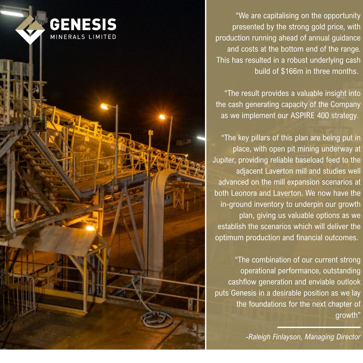 🔔 TODAY'S ASX NEWS 🔔 

Quarterly Report - September 2025

Record production of 72,878oz drives A$166m underlying cash build, production running ahead of guidance; Updated multi-year plan on track for June half 2026 - buff.ly/UNGCHfK 

#quarterlyreport #results  $GMD