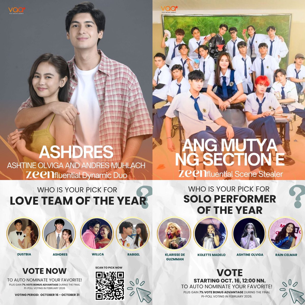 📌4 ongoing noninations and voting for us:

AshDres - Loveteam of the Year
Ash Olviga - Solo Performer of the Year
AshDres - ZEENfluential Dynamic Duo
AMNSE - ZEENfluential Scene Stealer

‼️
VPCA is until Oct 31
ZEEN is until Nov 7