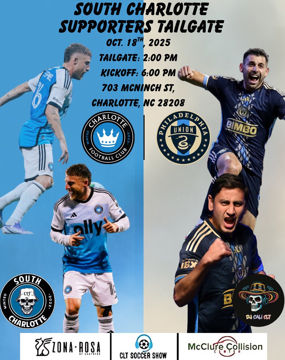 🔥 SOUTH CHARLOTTE SUPPORTERS TAILGATE! 🔥

We’re back, Queen City! Join us on Saturday, Sept. 13th, 2025 as we bring the energy before @charlottefc takes on Philadelphia Union 💙⚽️