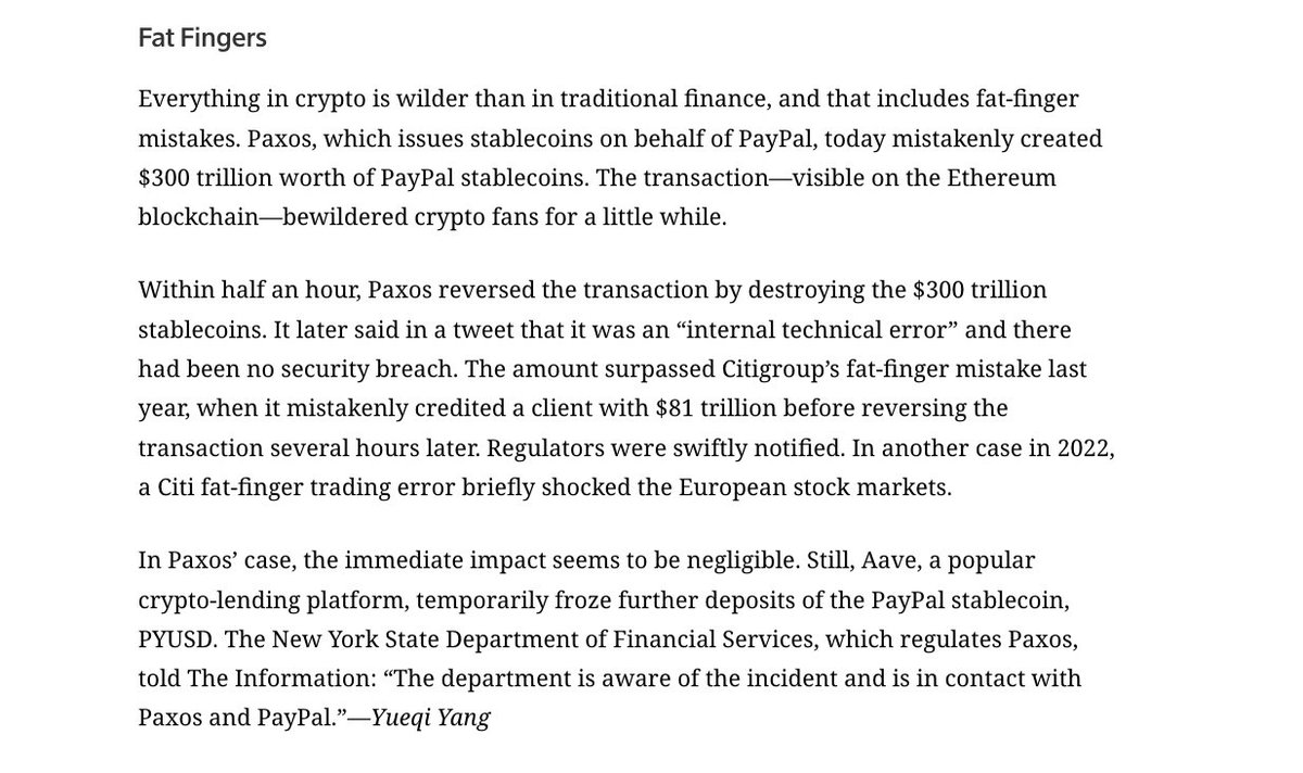 How can you create $300 trillion with a fat finger? Maybe a better way to  put it is, Paxos accidentally pretended there were $300 trillion on a crypto  chain that in reality