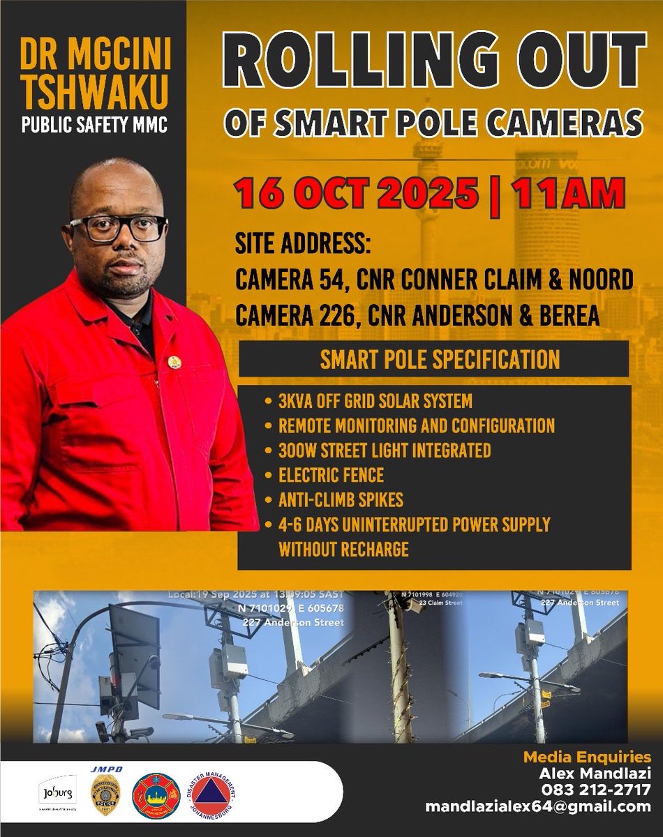 PublicSafetyMMC's tweet image. ♦️ IN PICTURES ♦️

MMC  Public Safety Dr Mgcini Tshwaku will be rolling out a state-of-the-art Smart Poles, equipped with a 3kVA off-grid solar system, remote monitoring and configuration, an integrated 300W streetlight, an electric fence, anti-climb spikes, and 4–6 days of…