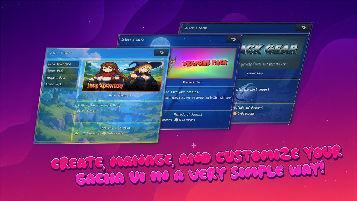 RPGMakerSeries's tweet image. 🎲 New Plugin DLC! 💎
[UNDERMAX - Easy Gacha System Plugin]for #RPGMakerMZ lets you create a gacha system using in-game currency to draw random items, gear, or characters!
MZ: store.steampowered.com/app/4074440/RP…
 Store: store.rpgmakerofficial.com/products/under…
 Tutorial: youtu.be/UfjUVnq8aVA
