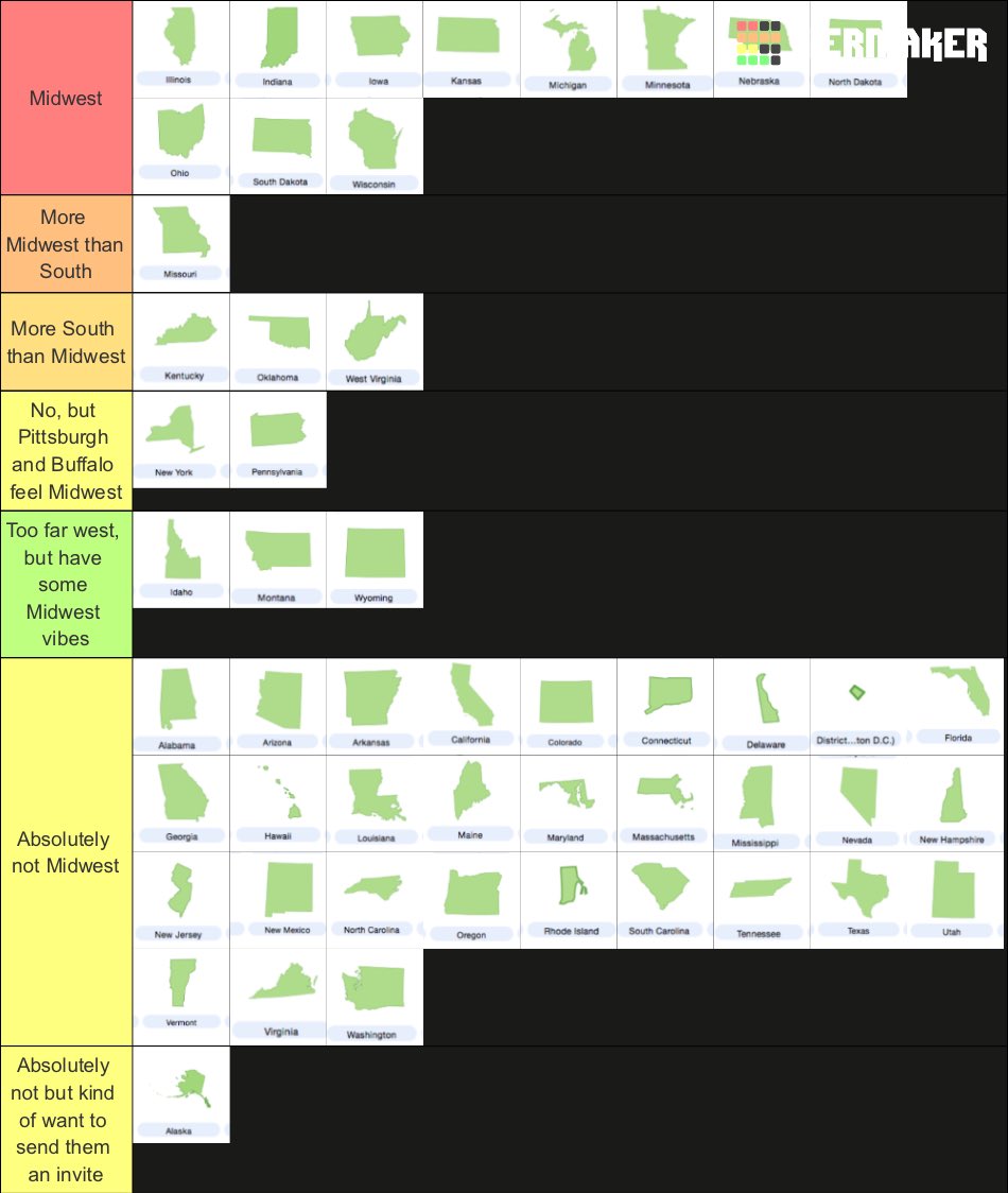 Here’s a tier list that nobody asked for defining what is and isn’t the Midwest