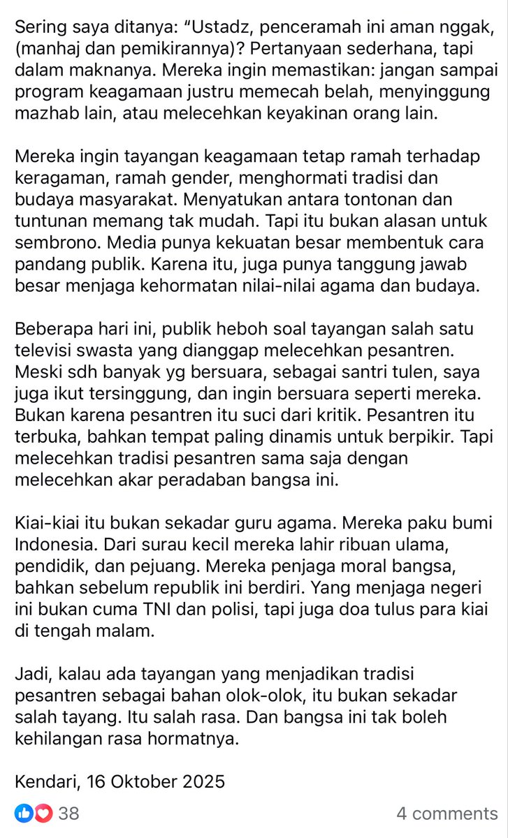 Saya suka tulisan kawan saya, Mas Muchlis Hanafi ini. Menanggapi tayangan “ngawur” dari Trans7.