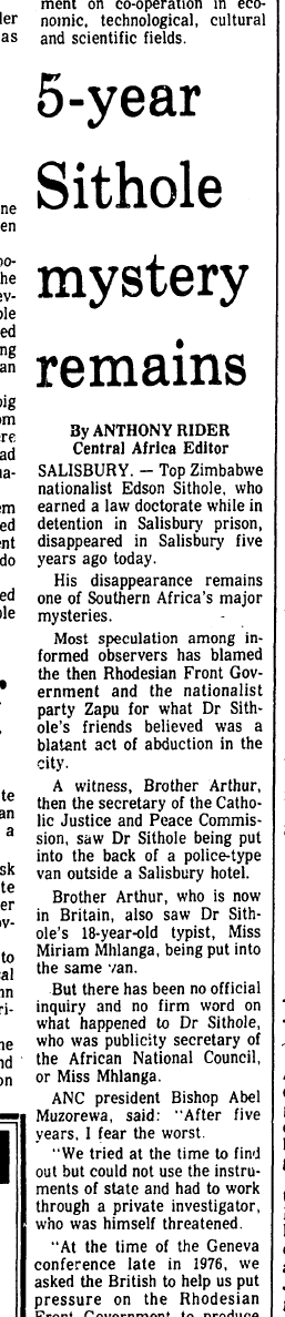 Edson Sithole was last seen 50 years ago today outside Harare's Ambassador Hotel.

Here, the Rand Daily Mail's coverage on the 5th anniversary of this tragic incident.

rienner.com/title/Edson_Si…