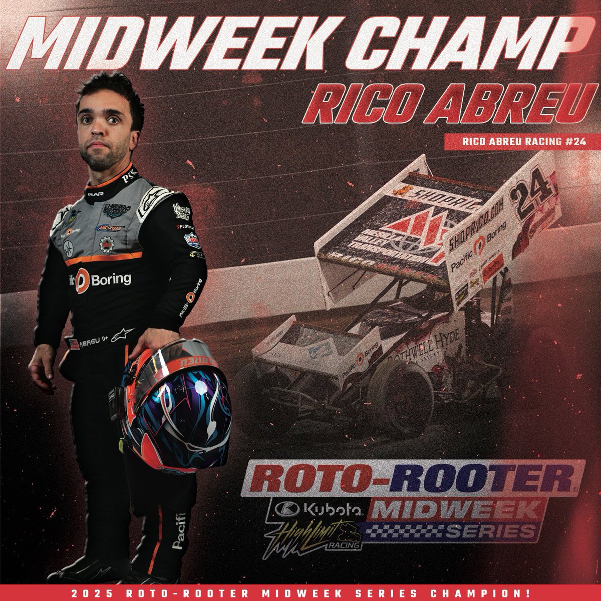🏆 𝐑𝐈𝐂𝐎 𝐈𝐒 𝐓𝐇𝐄 𝐌𝐈𝐃𝐖𝐄𝐄𝐊 𝐂𝐇𝐀𝐌𝐏!

By a single-point, <a href="/Rico_Abreu/">RICO</a> hangs on by the skin of his teeth to win the 2025 <a href="/RotoRooter/">Roto-Rooter</a> Midweek Series championship with @Kubota_USA High Limit Racing!