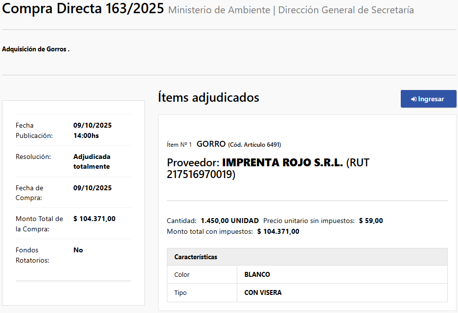 Desde el Ministerio de Ambiente se compraron 1450 gorros blancos con visera, por un total de $104.371