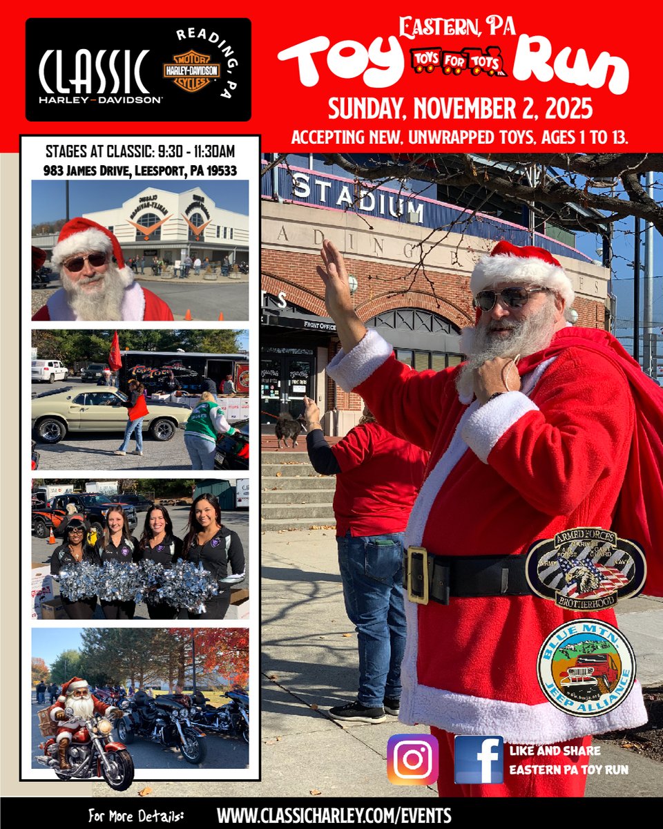 CHDofReading's tweet photo. Classic Harley-Davidson is excited to partner with the Reading Fightin Phils for the 19th Annual Eastern PA Toy Run - Toys for Tots event. The event will kick off at Classic Harley and stage from 9:00am to 11:30am. https://t.co/pcNotpqjel #toysfortots #chdofreading https://t.co/EbywX5gDiU