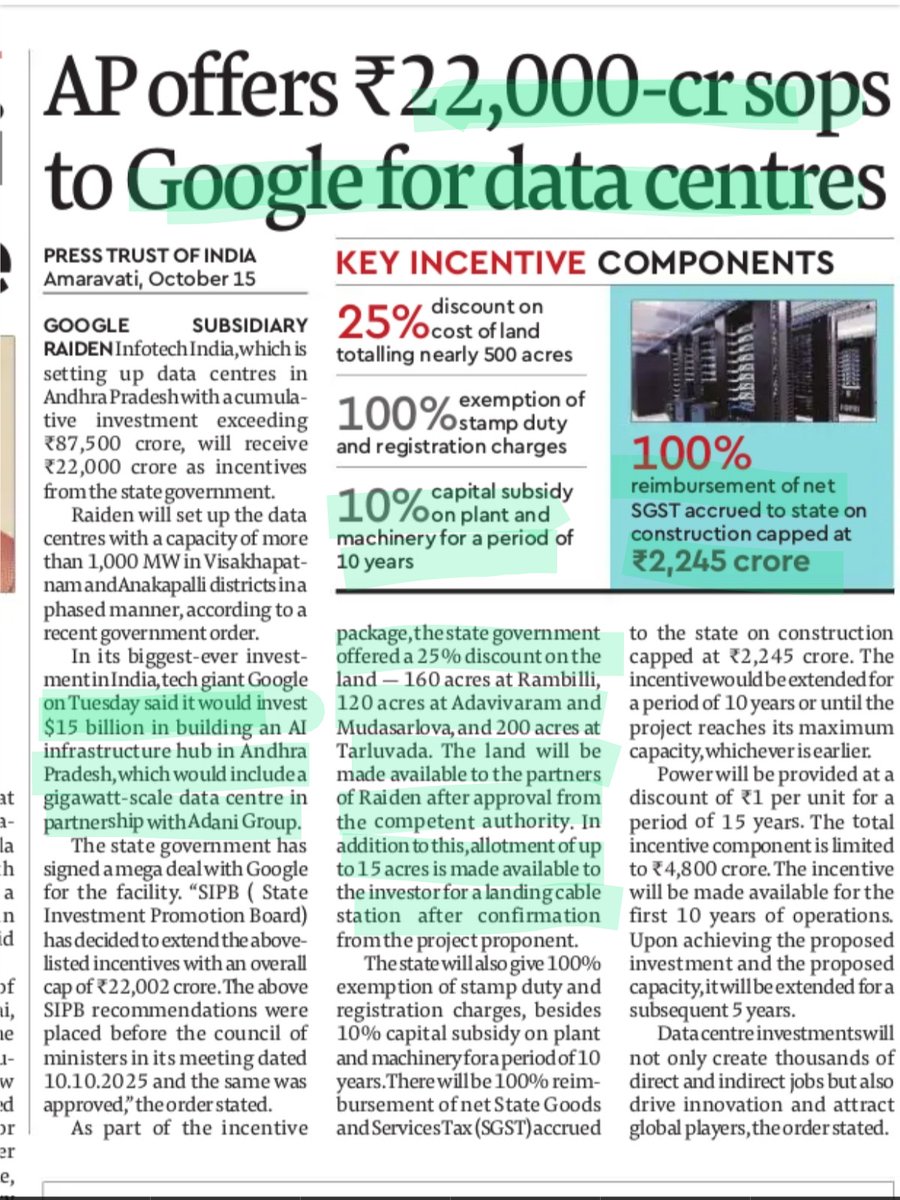 ShridhantS's tweet photo. Data center 🔥 

Ap offers ₹22000cr sops to Google for data center 

Power will be provided at a discount of ₹1 per unit for a period of15 year

25%discount on cost of land totalling nearly 500 Acer 

It would invest $15 billion in building an AI infrastructure hub in AP

#DC https://t.co/GPeyHtilBU
