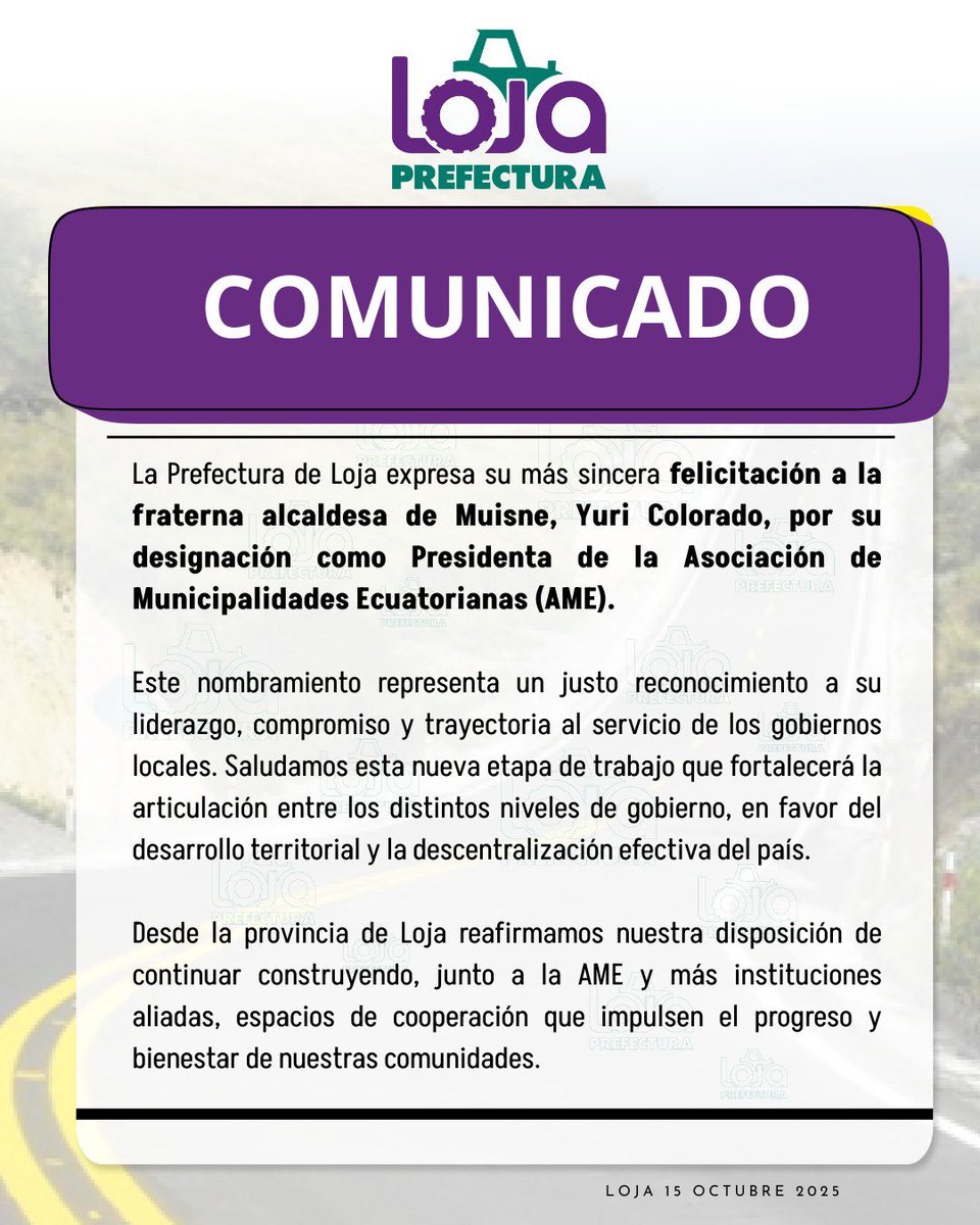 🤝 Extendemos nuestras felicitaciones a la alcaldesa de Muisne, <a href="/YuriColoradoM/">Yuri Colorado Márquez</a>, por su designación como Presidenta de la Asociación de Municipalidades Ecuatorianas (AME). 

#SabemosTrabajar
