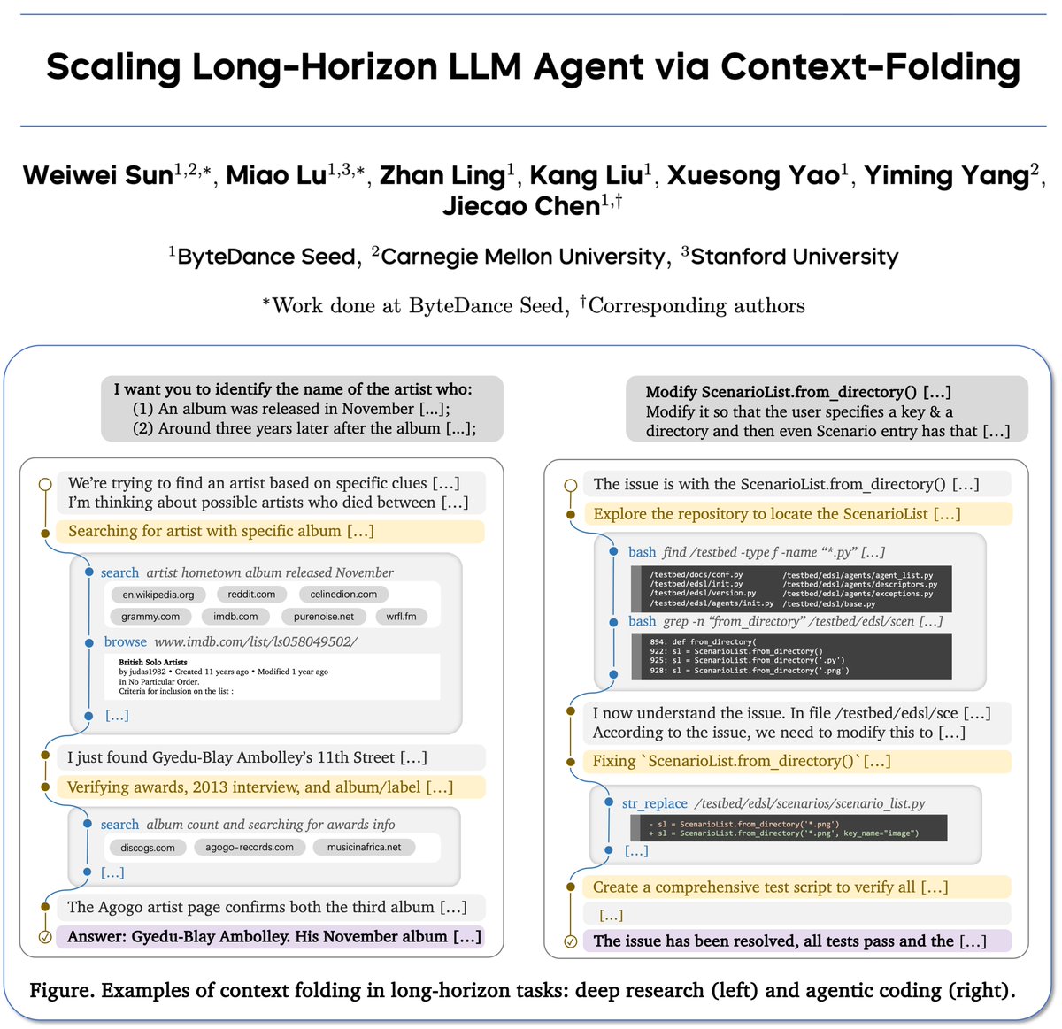 Context engineering is key to building LLM agents. Can we let agents actively manage their own context?

We introduce Context-Folding, giving agents the ability to branch and compress their context.

Trained with RL on Search and SWE task, it beats ReAct using 10× less context.