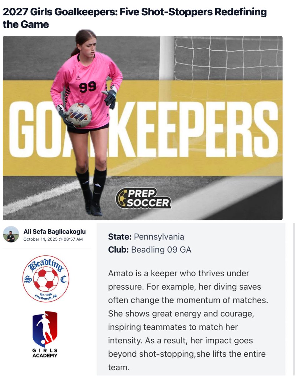 Thank you <a href="/PrepSoccer/">Prep Soccer ⚽️</a> for the recognition and write-up! Excited to compete with my amazing  <a href="/Beadling2009GA/">Beadling 2009 Girls Academy Team</a> teammates again soon! 

<a href="/JRLittle20/">JR Little</a> <a href="/jesse_goleman/">Jesse Goleman</a> <a href="/gabekleinert58/">Gabe Kleinert</a> 
<a href="/pghsoccernow/">Pittsburgh Soccer Now</a> <a href="/CollegeSoccerID/">College Soccer ID</a> <a href="/UncommittedGrls/">UNCOMMITTED GIRLS for 🇺🇸 #CollegeSoccer</a> <a href="/ImYouthSoccer/">ECNL/GA/Recruiting/College Soccer</a> <a href="/ImCollegeSoccer/">College Soccer Truth ™</a>