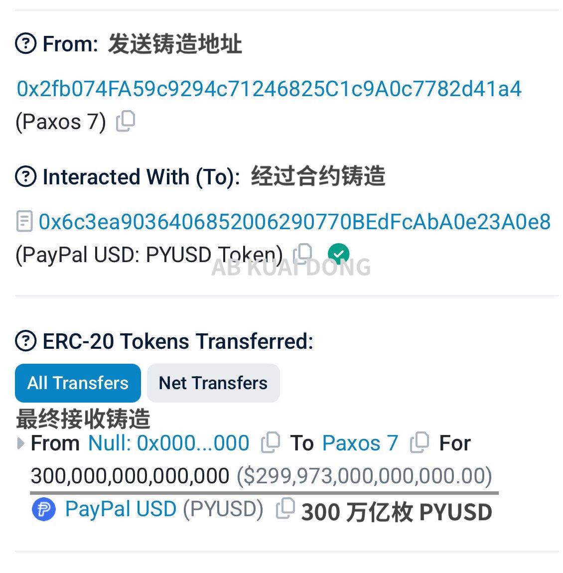 _FORAB's tweet image. 世界巨大的草台班子。

合规稳定币发行商 Paxos，今天早间铸造了 300 万亿枚 PYUSD 给自己，随后引起社区轩然大波，毕竟是 300 万亿！！还是 PayPal 家的稳定币。

然后过去 22 分钟后，Paxos 紧急把这 300 万亿 PYUSD 给销毁。随后正常铸造了 3 亿枚 PYUSD。

合着铸造的技术人员，输入错 0 了。…