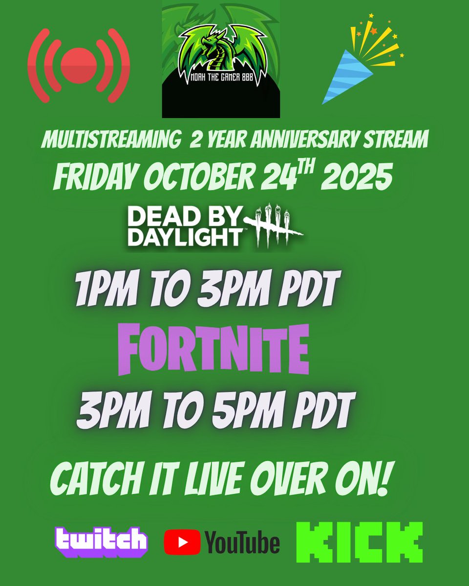 NoahTheGamer808's tweet photo. Starting next Friday, we celebrate 2 YEARS of multistreaming since Oct 24, 2023! This strategy works—I’ve grown, expanded, and proved it. Streaming Dead by Daylight &amp; Fortnite on Friday! Streaming Mon, Fri, Sat next week.
#NoahTheGamer808 #KickPlatform #twitch https://t.co/la5Ju5Ufal