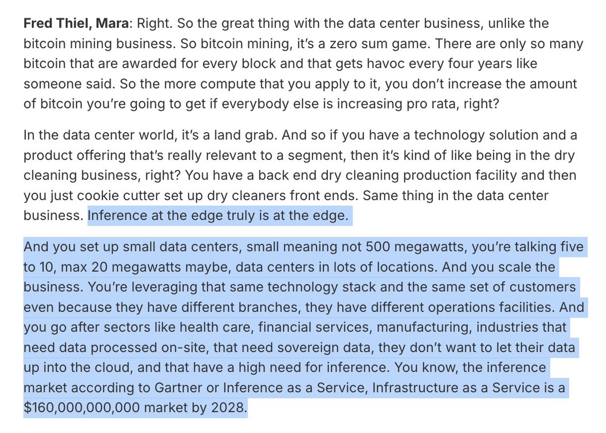 CK_Cryptoklepto's tweet image. $MARA CEO Fred Thiel has talked openly about governments not trusting hyperscaler clouds with their data which necessitates establishing "Sovereign AI Inference at the Edge" and is one of the stated key reasons why MARA Holdings is acquiring Exaion
MARA has already developed…