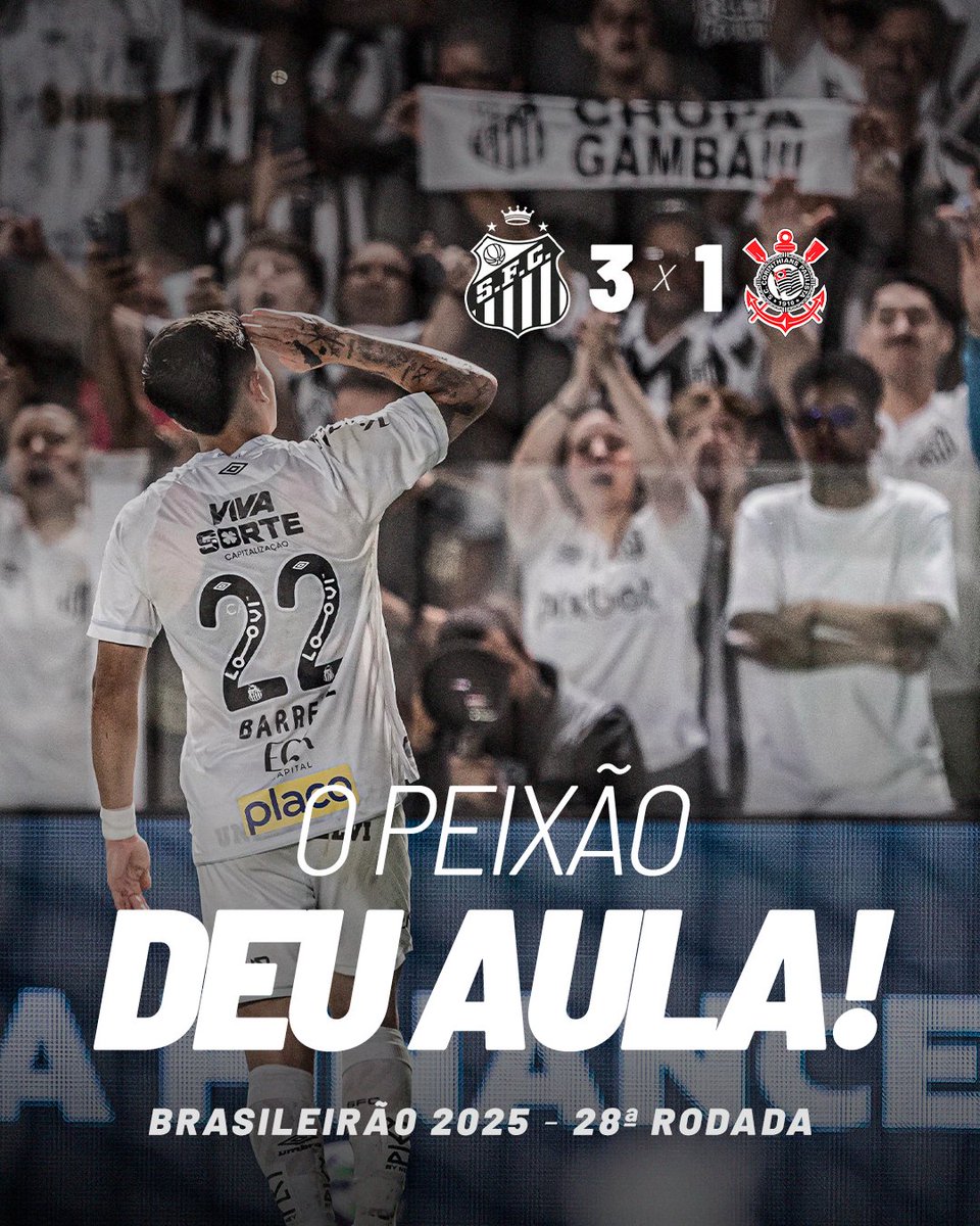 SantosFC's tweet image. No #DiaDosProfessores, o PEIXÃO DEU AULA! ⚪⚫
Santos domina e vence o Corinthians por 3 a 1, na Vila Belmiro, com gols de Zé Rafael, Barreal e Rollheiser. Dever de casa devidamente feito!