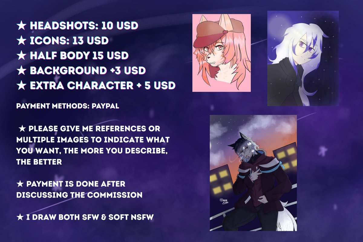 COMISSIONS OPEN!! 🌸✨

Dibujo tanto humanos como furry, cualquier cosita fuera de la tabla es conversable al DM o aquí abajito

Los retweets se agradecen totalmente 💖💖

#art #originalcharacterart #furryartist #furrycommunity #digitalart