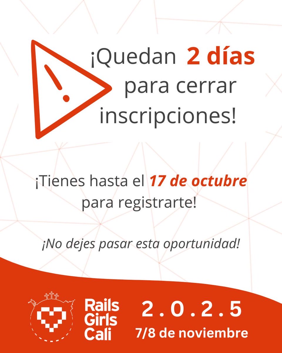 ¡Ya casi cerramos inscripciones para nuestro taller gratuito en Cali!

Inscríbete aquí: forms.gle/X57b1P1j7C8a93…