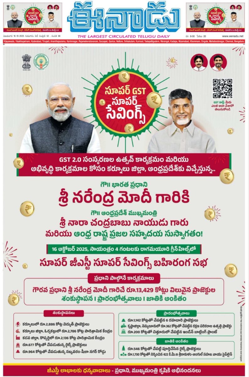 SBSUSA007's tweet photo. 🇮🇳 సూపర్ GST — సూపర్ సేవింగ్స్! 💰

జీఎస్టీ 2.0 సంస్కరణల ఉత్సవ్ & అభివృద్ధి కార్యక్రమాల కోసం కర్నూలుకు విచ్చేస్తున్న
ప్రధాని శ్రీ నరేంద్ర మోదీ గారు,ముఖ్యమంత్రి శ్రీ నారా చంద్రబాబు నాయుడు గారికి ఆంధ్రప్రదేశ్ ప్రజల సహృదయ సుస్వాగతం! 🙏

#SuperGST #AndhraPradesh #KurnoolEvent #CBN #NarendraModi #DevelopmentFestival