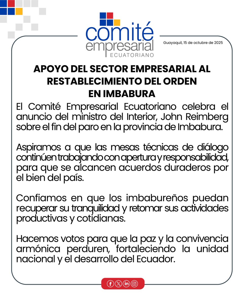 #ComunicadoCEE | Apoyo del sector empresarial al restablecimiento del orden en Imbabura