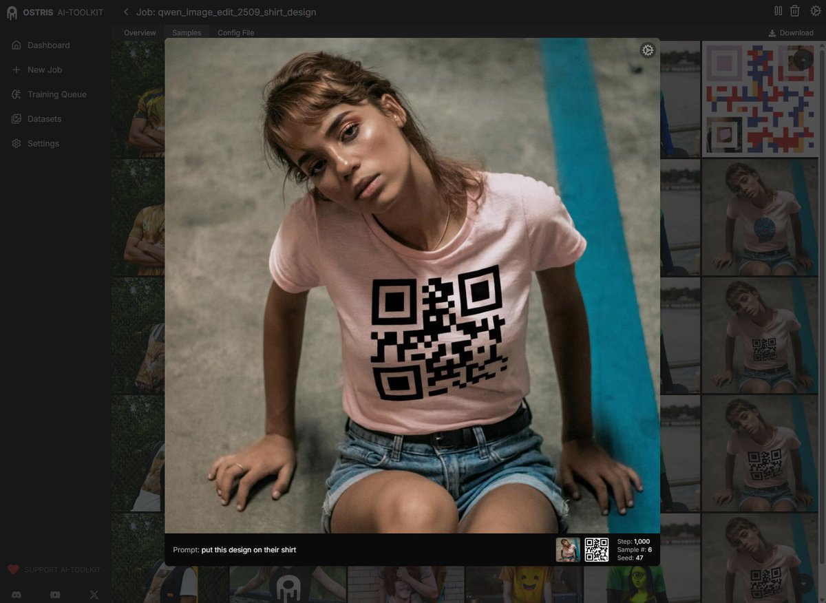 ostrisai's tweet image. I'm currently making a tutorial for training qwen-image-edit-2509 LoRA on &lt;24GB of VRAM. The fact that it can put this QR code on her shirt accurately enough to scan in 1,000 steps is mind boggling. I love this model.