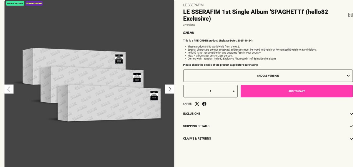 chaewanniee's tweet image. WTS/LFB - DM IF INTERESTED!
GROUP ORDER FOR HELLO82 SPAGHETTI PCS!
HELLO82 POP-UP EXCLUSIVE $19 PER CLAIM.
REGULAR HELLO82 EXCLUSIVE $26 PER CLAIM.
(The regular version albums are sold out on the hello82 website but I am going in person and they will most likely have it…
