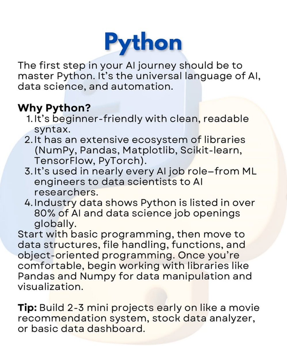 Python_Dv's tweet image. Become an AI Engineer
Core Skills You’ll Need:
1️⃣ Python — The foundation of AI. Learn data structures, OOPs, and libraries like NumPy, Pandas, and Scikit-learn.
2️⃣ Machine Learning — Master algorithms, feature engineering, and model deployment with Streamlit or Flask.
3️⃣ Deep…