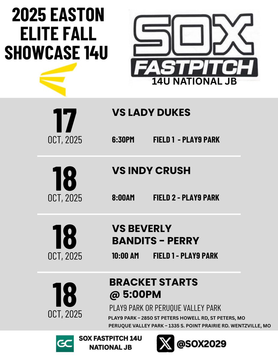 Jazzy_a007's tweet photo. Here’s my schedule for the St. Louis Showcase. Ready to compete against some tough teams.  GO SOX! @SOX2029 @bick_coach @D1Softball https://t.co/wHDEHrmZXR