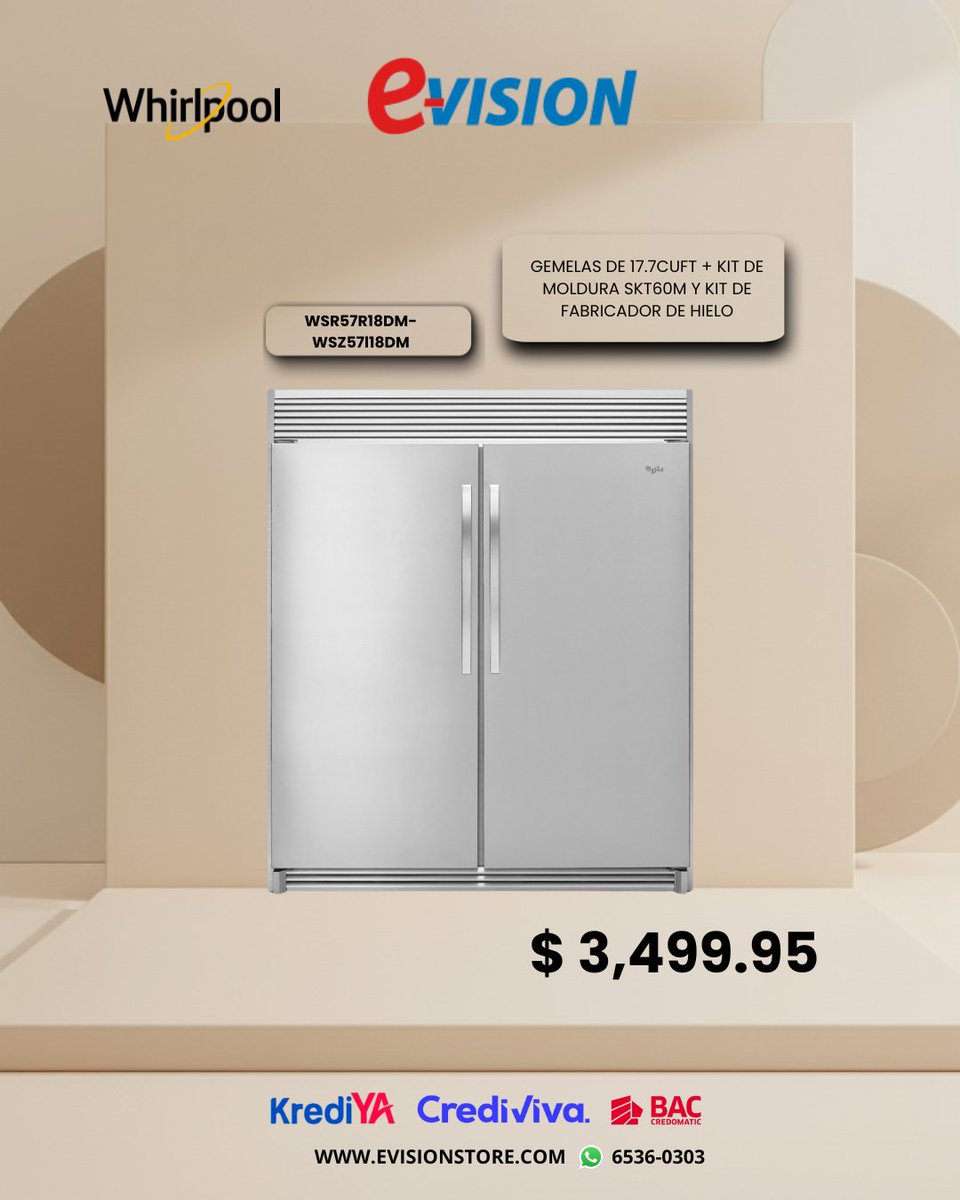 evisionstore's tweet photo. Tu cocina merece lo mejor. Refrigeradoras gemelas que combinan  elegancia, tecnología y espacio para que todo tenga su lugar. Con  modelos de Whirlpool, Frigidaire, Hisense, Sankey y Drija, transforma tu  hogar con el equilibrio perfecto entre diseño y funcionalidad. https://t.co/FIldclTUCX