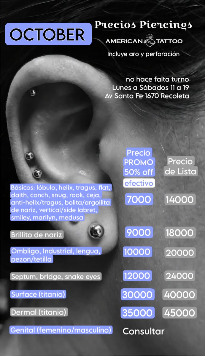 Bueno, es hora de volver a este antro. Basta de vagancia....ya que estamos algo útil. Hasta el 31.10 hay Promo en Efectivo para piercings de acero quirúrgico con perforación incluida! Sean todos invitados. Y cualquier duda, deposite acá 👇