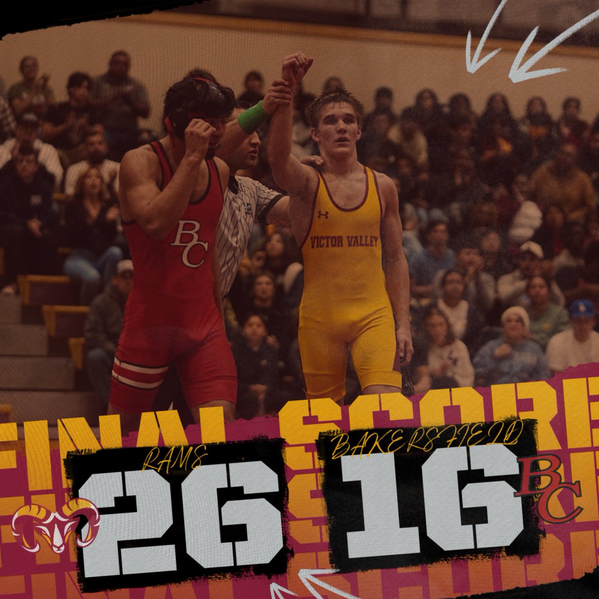 🔥 VVC Rams Wrestling DOMINATES! 🔥
In front of a packed home crowd, the #5-ranked Rams took down #8 Bakersfield with a commanding 26-16 victory! 💪🐏
Proud of our athletes for showing heart, hustle, and hometown pride.
#VVCRams #Wrestling #Victory #RamsRise #HornsUp🤘