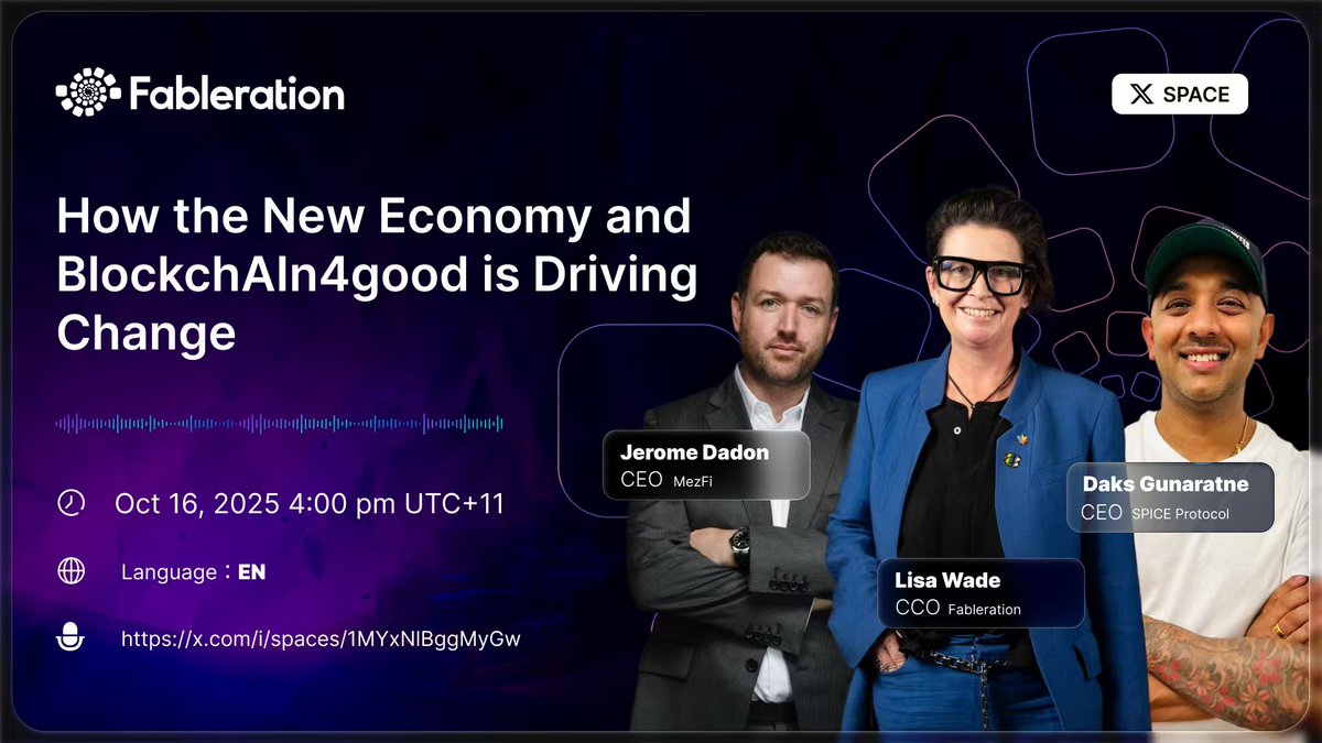 Fableration's tweet image. 💥 The market’s shaking again — projects rise, tokens fall, and narratives shift overnight.
But in the long run, what truly lasts isn’t hype — it’s impact. 🌍
🇦🇺 Today, we’re joined by two amazing guests from Australia for a live Twitter Space!
• Daks Gunaratne — CEO…
