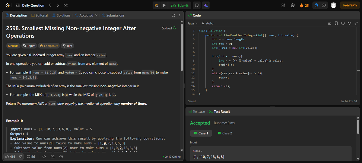 AdarshKumar206's tweet image. Round 2 of #100DaysOfCode
Day 86 of #100DaysOfCode on #leetcode #DSA #LearnInPublic #buildinpublic #remote #connect #remotework #remotejob #java #coding #programming #100daysofcodechallenge #developer #learning

Problem 2598: Smallest Missing Non-negative Integer After Operations