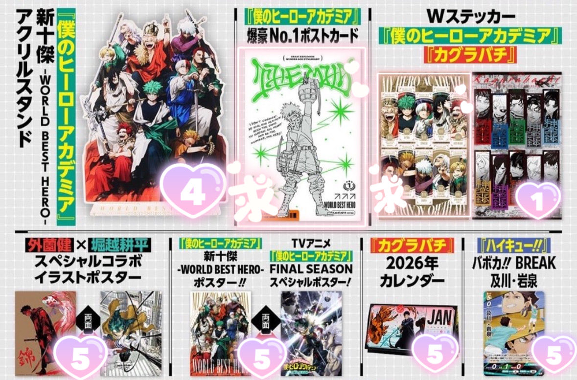 交換 ジャンプGIGA autumn 秋 

譲┊ ヒロアカアクスタ4、カグラバチステッカー1、コラボイラストポスター5、カグラバチカレンダー5、ハイキューバボカ5

求┊ ヒロアカ 爆豪No.1ポストカード
ヒロアカステッカー

5冊予約済。比率違いなどお気軽にご提案ください🙇‍♀️