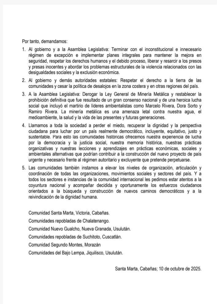 🟡 Las comunidades históricas de Cabañas, Chalatenango, Cuscatlán, Usulután y Morazán denuncian el avance del autoritarismo, los desalojo y el despojo de tierras, y llaman a la organización frente al miedo y la represión.

Exigen el fin del régimen de excepción, la derogación de