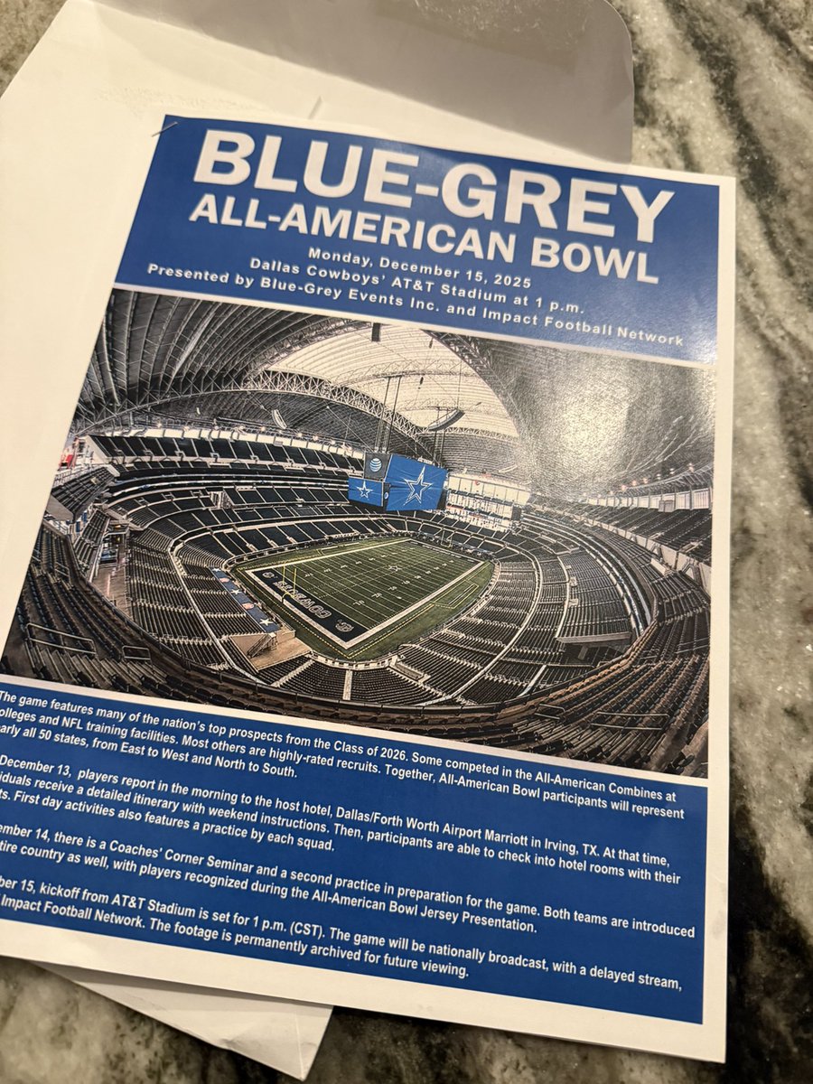 Thank you <a href="/BlueGreyFB/">Blue-Grey All-American Bowl</a> for the personal invite, it took a lot of grinding this season.   I’m blessed to be able to have the chance to ball out on <a href="/espn/">ESPN</a>. Being able to play at the Cowboys stadium too!!
<a href="/BrandonHuffman/">Brandon Huffman</a> <a href="/SWiltfong_/">Steve Wiltfong</a>