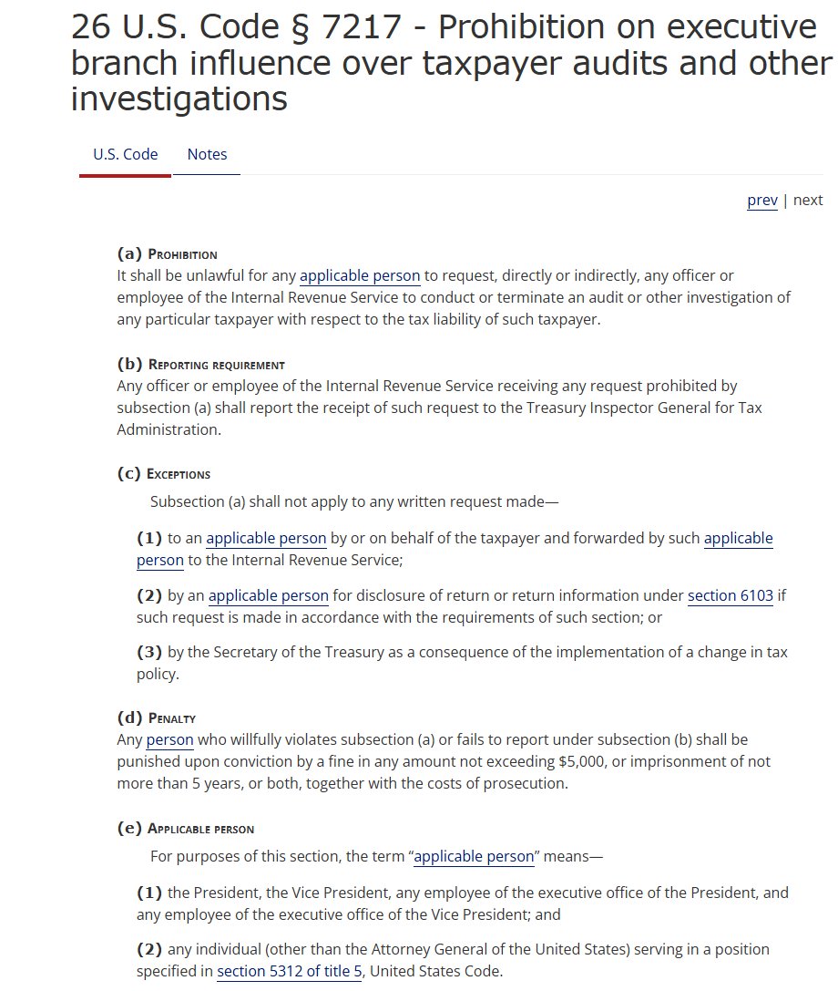 Reminder that it's a full-blown federal felony crime for anyone in the White House (and all Secretaries but the AG) to order the IRS to target people.

It's not just a crime to DO it, it's a federal crime for an employee not to REPORT such order to the Treasury Inspector General.