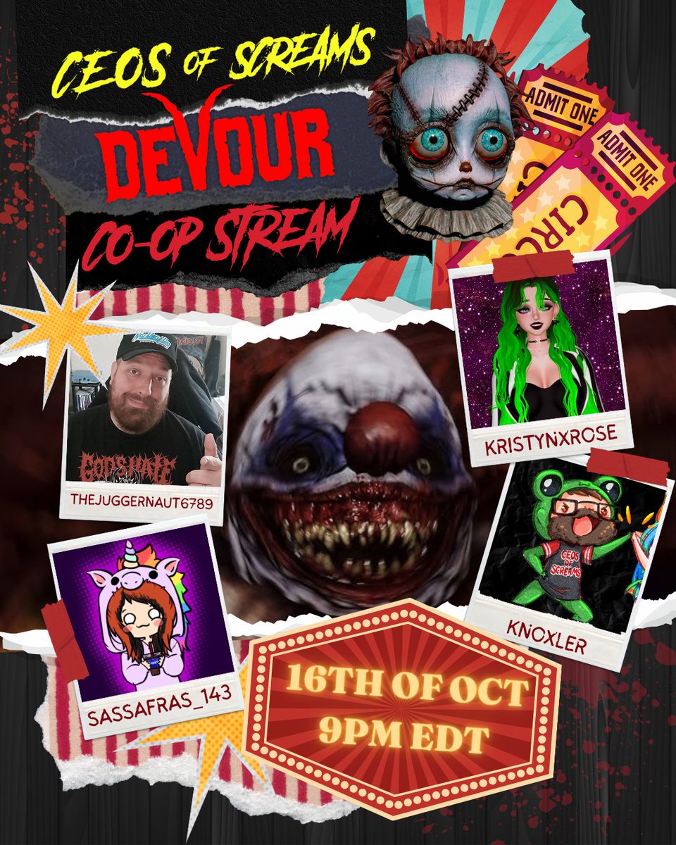 Tomorrow CEOs of Screams members: Juggs, Kristyn, Sass, and Knoxler team up for some Devour! 🎃There is a Halloween event happening, so they will be checking out the newest map!
Tune in to their streams tomorrow as they venture through the carnival full of clowns and horror!