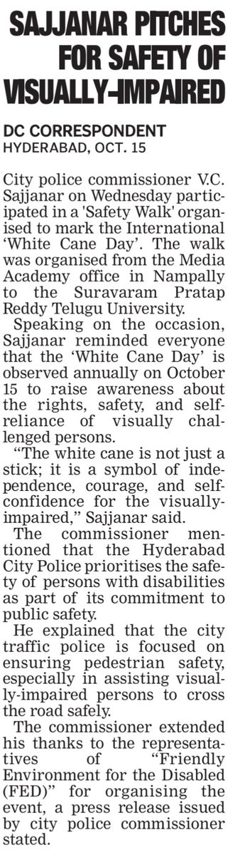 revanthannanews's tweet image. 🚨 @hydcitypolice Champions Visually-Impaired Safety
🔺City Police Commissioner @SajjanarVC leads #WhiteCaneDay Safety Walk
🔺Focus on rights, independence &amp;amp; road safety for visually-challenged
🔺Pedestrian safety &amp;amp; assistance a top priority for Hyderabad Police
#Hyderabad