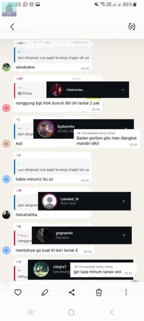 CW // BULLYING, SU1CIDE

💚 kemarin ada kasus mahasiswa fisip unud bund1r dan reaksi se fakultasnya sakit jiwa semua. Korban katanya struggle dan dibully. Beberapa pembullynya anak himaprodi dan udh ada yg deact account😭😭💔