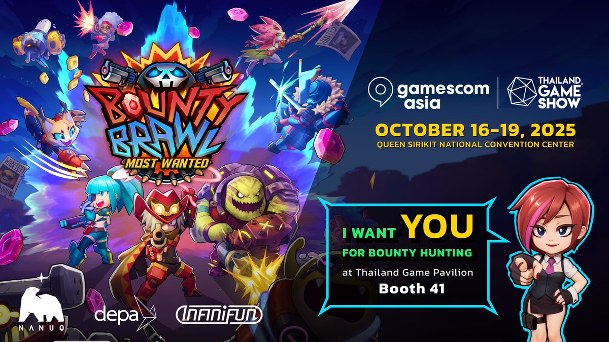 Infini_Fun's tweet image. Calling all bounty hunters! 
Bounty Brawl: Most Wanted will be showcased at Gamescom Asia (Oct 16-19). Visit us at Booth #41, Thailand Game Pavilion. 
We Want You for Bounty Hunting!#indiegame #GamescomAsia #gamescomasiaxThailandgameshow 

Wishlist Us: store.steampowered.com/app/3097510/Bo…