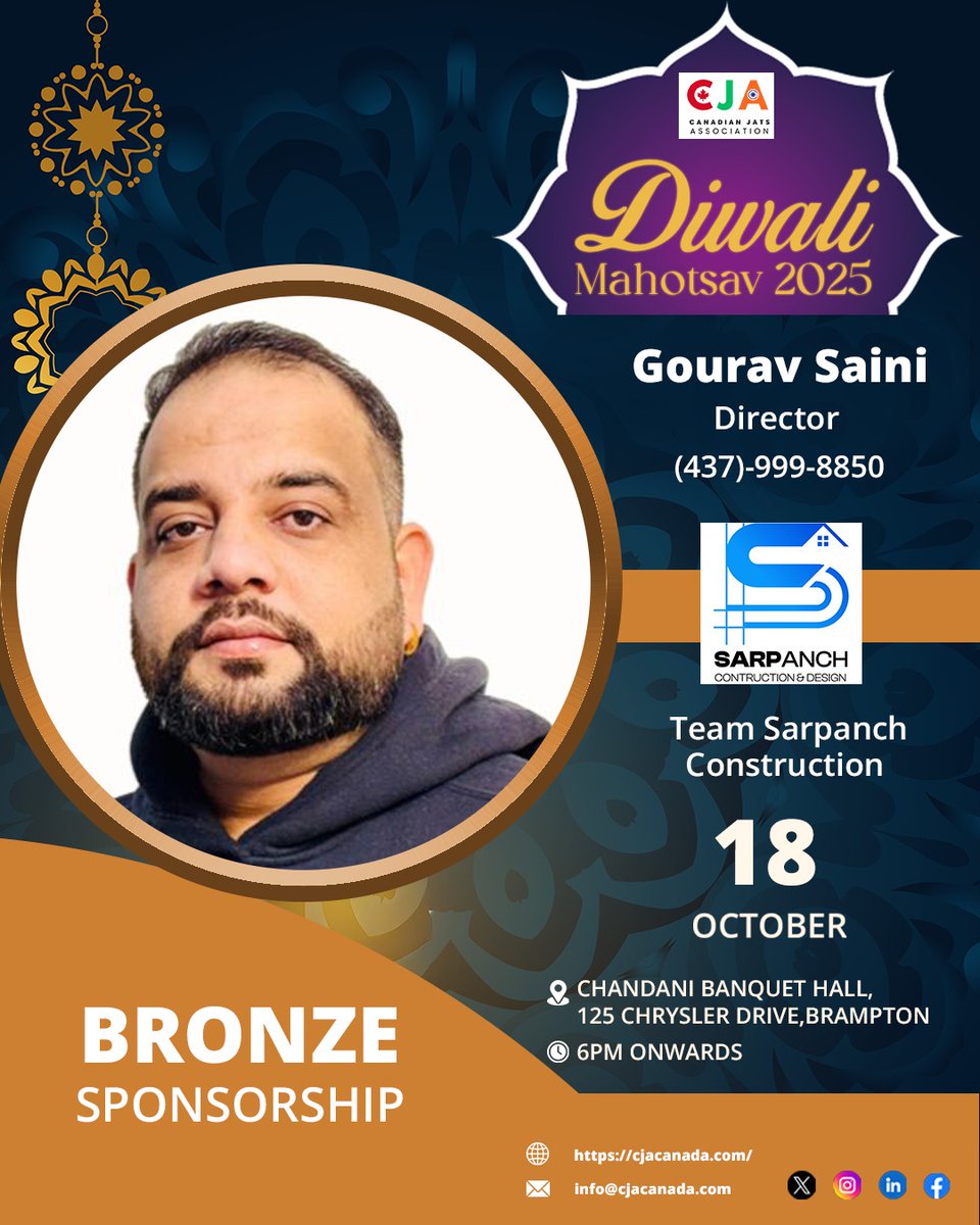 cjacanada's tweet image. We’re thrilled to welcome Mr. Gourav Saini – Director, Team Sarpanch Construction, as a Bronze Sponsor for CJA Diwali Mahotsav 2025!

Thank you for supporting our mission to celebrate unity, culture, and the joy of Diwali together.

#CJADiwali #CommunityTogetherness #CJACanada